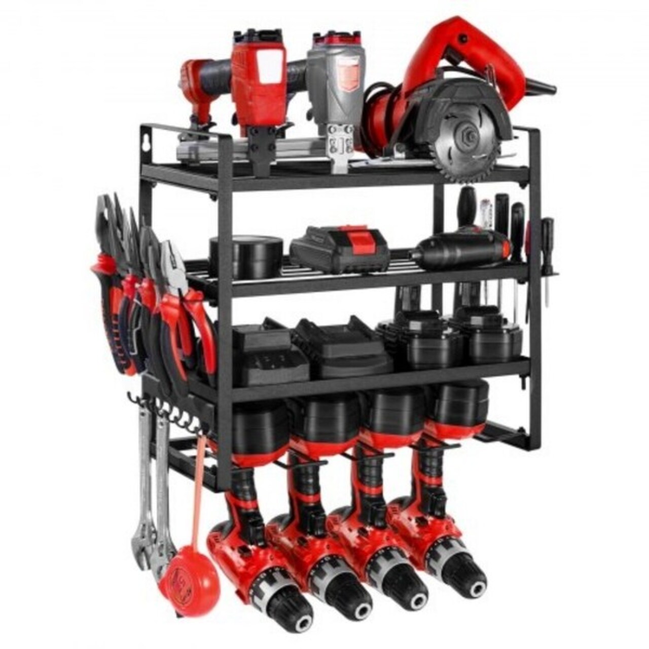 4-Tier Black Wall-Mounted Power Tool Rack with Drill Slots Shelves and Hooks for Garage Storage